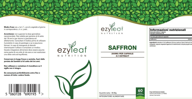 [Australia] - Ezyleaf Saffron Supplement | 60 High Strength Saffron Capsules - 200mg (from 4:1 Extract) Safron Herb Extract per Serving | Non-GMO, Gluten & Allergen Free | Manufactured in The UK 