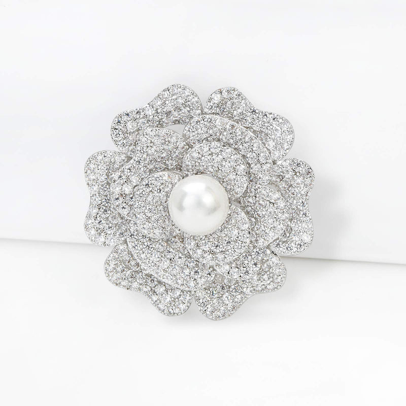 [Australia] - Freshwater Pearl Hollow Out Crystal Rose Camellia Flower Brooch Pins Brass Micro Pave Rhinestone Blooming Floral Bridal Wedding Bouquet Jewelry 