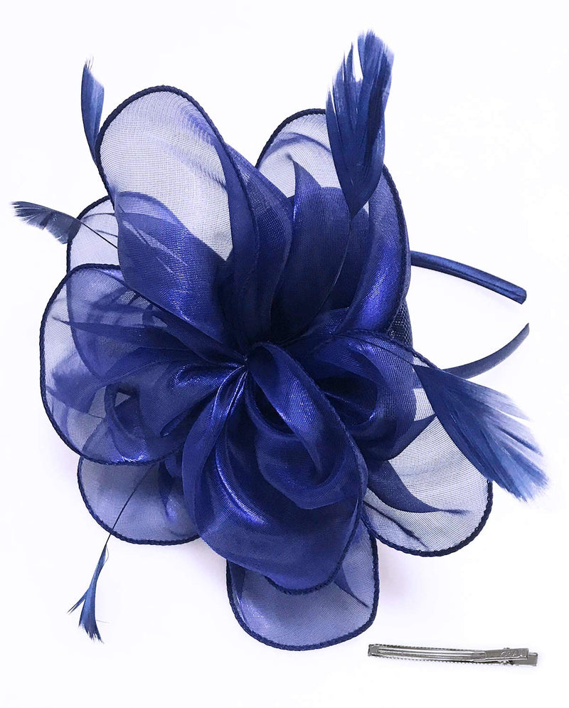 [Australia] - Z&X Sinamay Fascinator Kentucky Derby Church Hats for Women Floral Feather Tea Party Hat Bridal Headpiece with Headband Clip 029- Navy Blue 