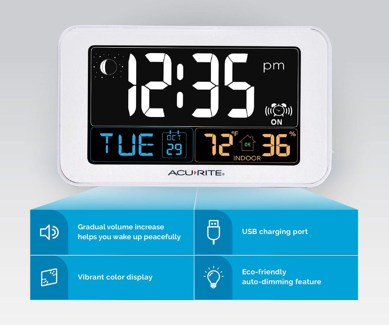 [Australia] - AcuRite Intelli-Time Digital Alarm Clock for Bedroom with USB Charger, Indoor Temperature and Humidity for Heavy Sleepers (13040CA) 