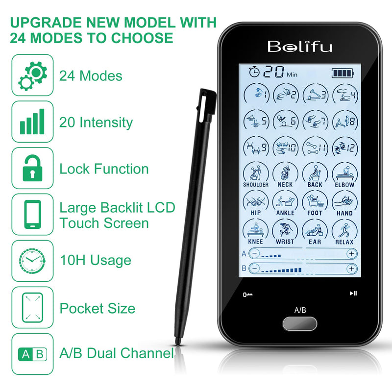 [Australia] - Belifu Dual Channel Tens Unit Electro Muscle Stimulator, Fully Isolated with Independent 24 Modes, Rechargeable Pulse Massager with Electrodes Pads for Neck Back Arms Chronic Pain Relief Body Building 