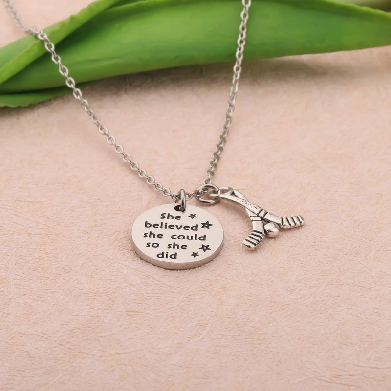 [Australia] - FUSTMW Hockey Charm Necklace She Believed She Could So She Did Ice Hockey Players Inspirational Gift Hockey Jewelry Gifts for Her silver 