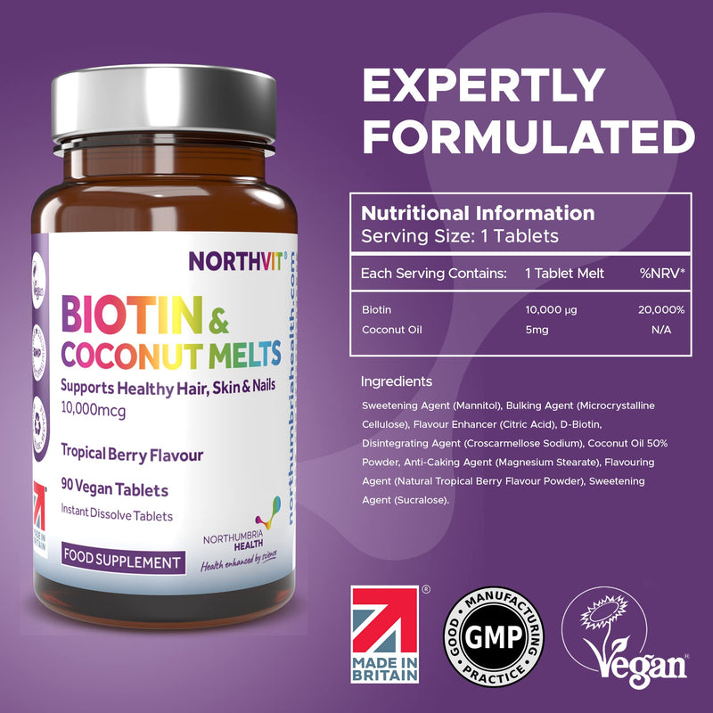 [Australia] - Biotin & Coconut Melts for Hair Growth, Hair, Skin & Nails Vitamin Supplement, Tropical Berry Flavour, Vegan, Promotes Healthier Thicker Hair, Daily Vitamins, 3 Month Supply 