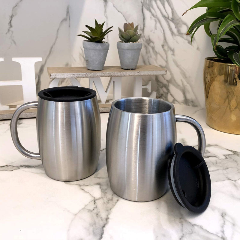 [Australia] - Stainless Steel Insulated Coffee Mugs Set of 2 (14oz) – Double Wall Coffee Cups With Spill Resistant Lid & Strong Handle – Shatterproof Cups for Cold Drinks & Hot Beverages - for Indoor & Outdoor Use Stainless Steel 14 oz (pack of 2) 