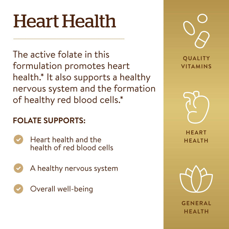 [Australia] - Solgar Folate 1000 mcg, 120 Tablets - 1000 mcg Bio-active Metafolin - Heart Health - Vegan, Gluten Free, Dairy Free, Kosher - 120 Servings 