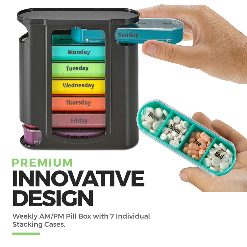 [Australia] - Weekly Pill Organizer, 1 Dispenser, 7 Stackable Compartments Four Times-a-Day - Morning, Noon, Evening, and Bedtime, Black 