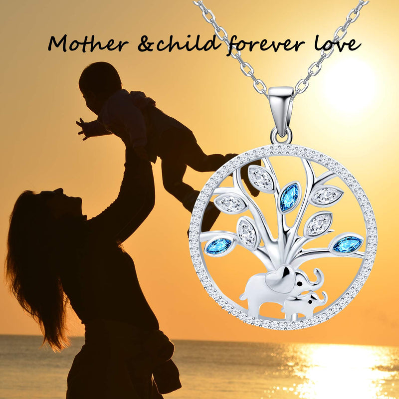 [Australia] - Distance Mother and Child Lovely Elephant Tree of Life Round Pendant Necklace 925 Sterling Silver Animal Jewelry Gifts for Mom Daughter 