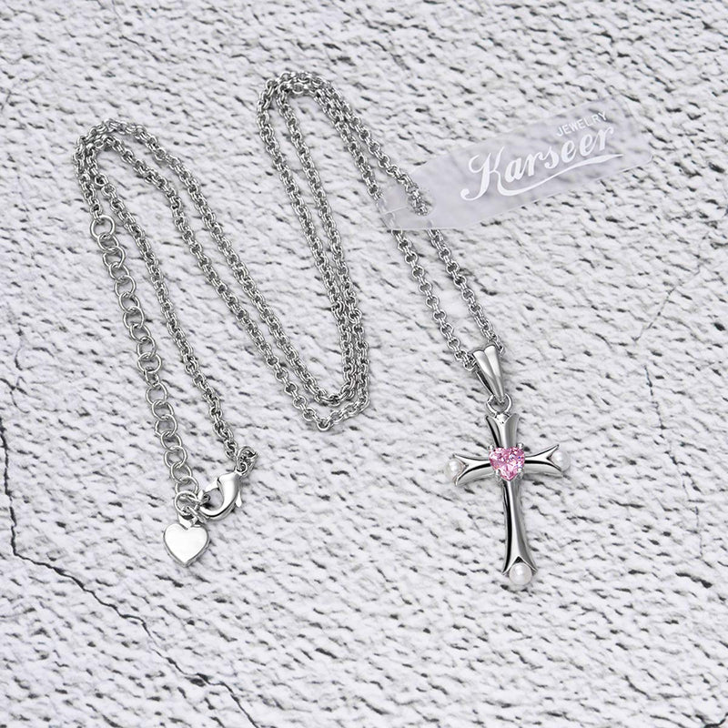 [Australia] - Karseer Heart Charm Birthstone Crystal and White Pearl Cross Pendant Necklace Christian Religious Jewelry for Women and Girls, 16" to 18" Adjustable White Gold / Pink Crystal 