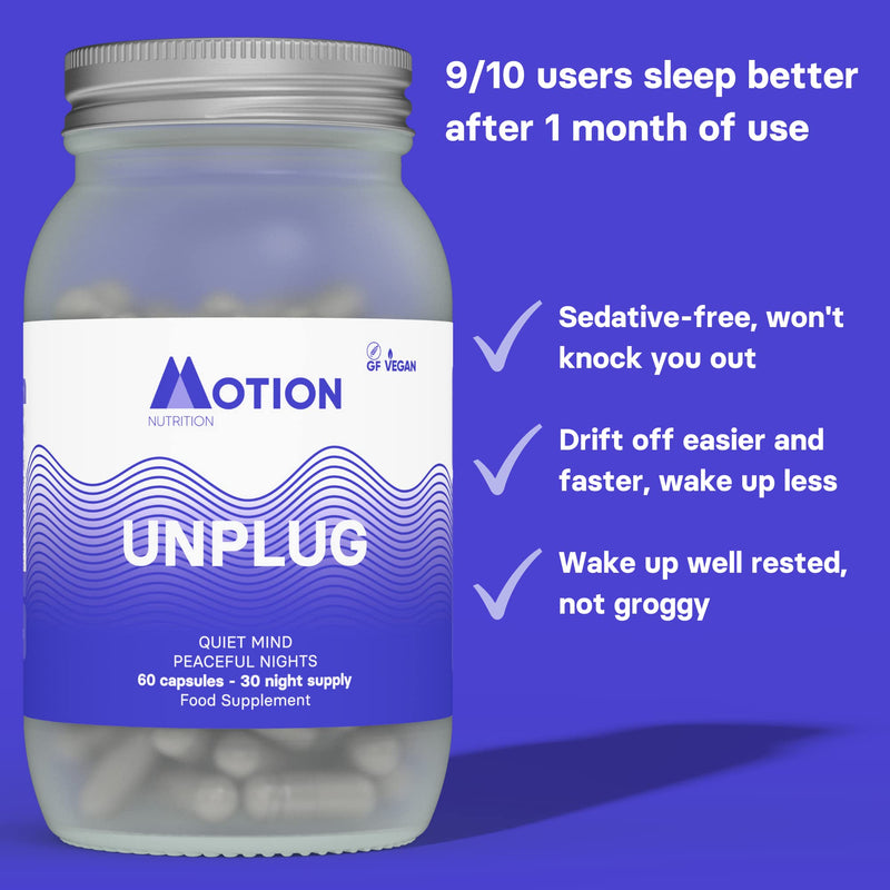 [Australia] - Motion Nutrition Unplug Night Time Nootropic (60 Capsules) | Award Winning Natural Sleep Aid to Calm Your Mind, Help You Fall Asleep Faster & Wake Up Well Rested | Sedative Free | Vegan & Made in UK 60 Count (Pack of 1) 