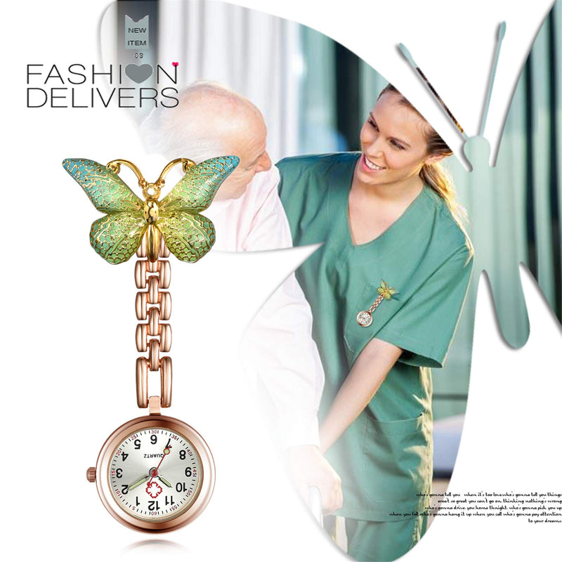 [Australia] - 1-3 Pack Women Girl Butterfly Brooch Nurse Watch Pin-On with Secondhand Stethoscope Lapel Fob Pocket Badge Watches for Doctor Nurse Easy to Read green 