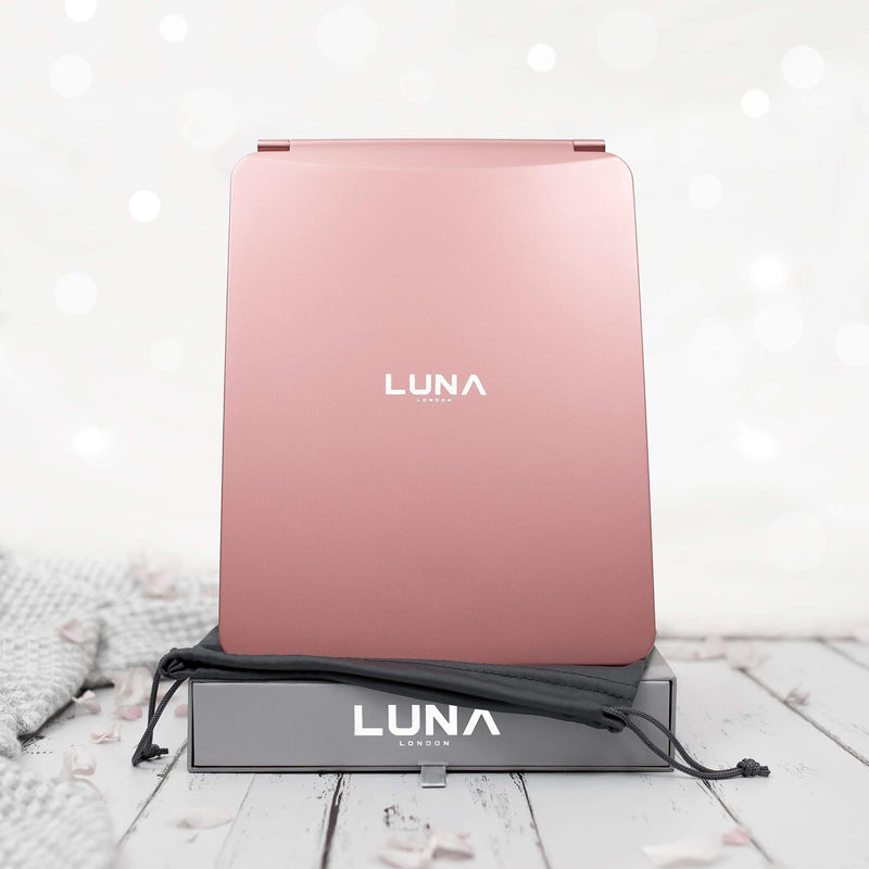 [Australia] - LUNA London Eclipse LED Lighted Travel Vanity Makeup Mirror | 3 Colour Light, Compact, Portable, Lighted, Rechargeable, Illuminated Mirror | Perfect for Travel, Makeup & Beauty Needs | Rose Gold 