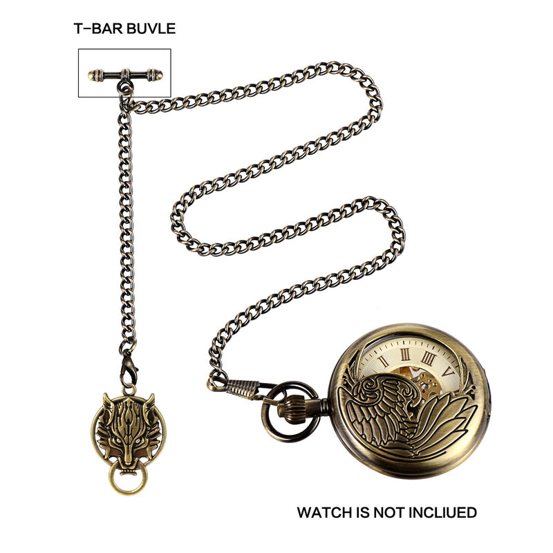 [Australia] - TREEWETO Men's Albert Chain Pocket Watch Curb Link Key Chain 2 Hooks with Antique Wolf Pendant Design Charm Fob T Bar Bronze 