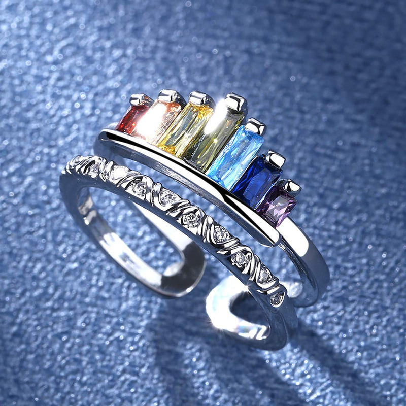 [Australia] - yfstyle Rainbow Rings for Women Rainbow Ring Double Band Adjustable Open Stacking Rainbow Rings Rainbow Ring Band Rainbow Ring for Daughter Bestie Rings silver 