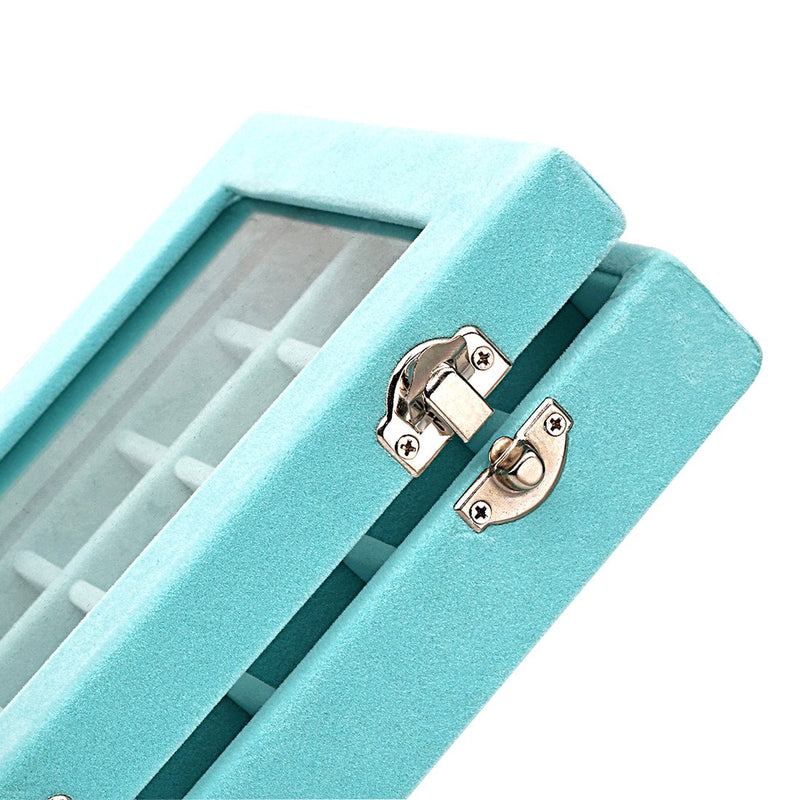 [Australia] - Ivosmart Velvet Glass Jewelry Ring Display Organiser Box Tray Holder Earrings Storage Case (Light Blue) Light Blue 