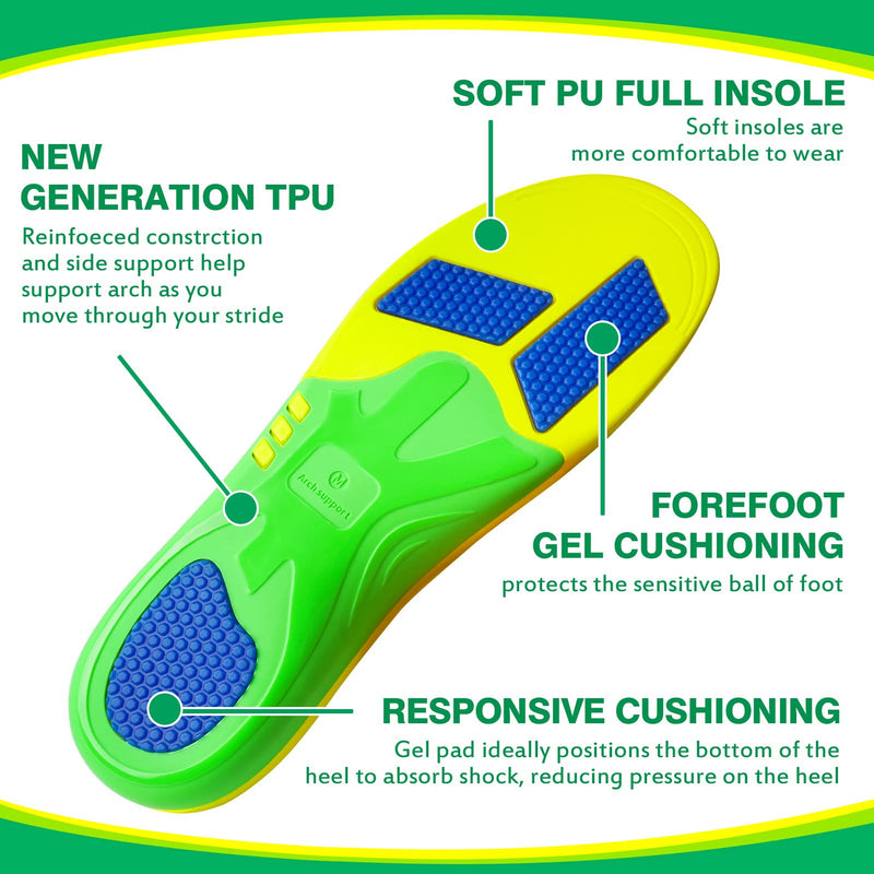 [Australia] - Popzoom Arch Support Plantar Fasciitis Insoles - 200lbs+ Heavy Duty Arch Support Orthotic Inserts for Flat Feet, Fallen Arch, High Arch, Heel Pain - Insoles for Overpronation Green S(Men 7-8.5/Women 8-9.5) 