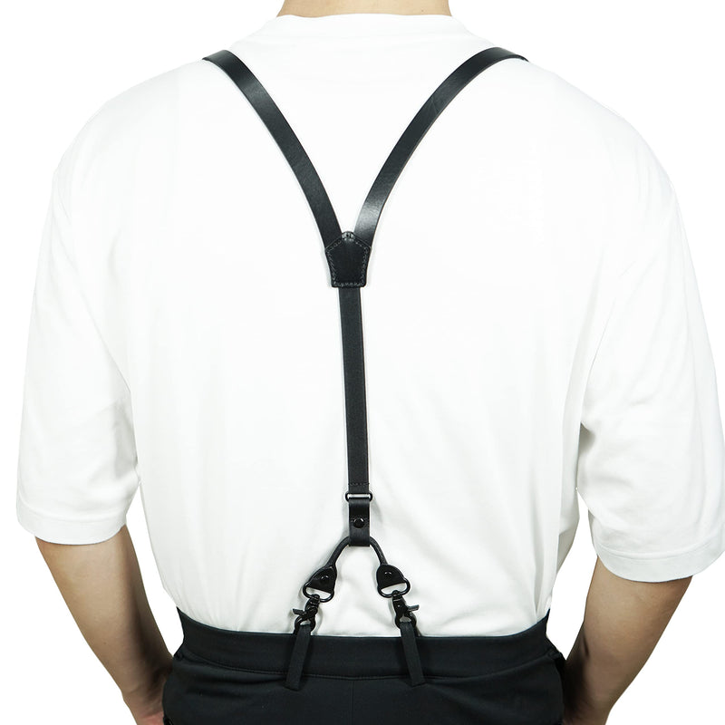 [Australia] - Lawevan Thin Leather suspender Y Shape Design Adjustable Suspender with 4 Snap Hooks Groomsmen Gift Wedding Suspender Black Small 