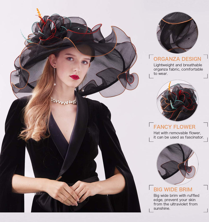 [Australia] - Z&X Women Kentucky Derby Church Hat Organza Flower Wide Brim Fascinator Hats for Wedding Tea Party, Dual-use 1901- Black 