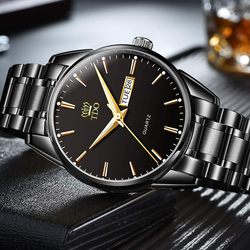 [Australia] - TDO Men Watch Stainless Steel Dress Luxury Analog Quartz Roman Numeral Luminous Calendar 3ATM Waterproof Wrist Watch for Men Black Strap & Black Face 