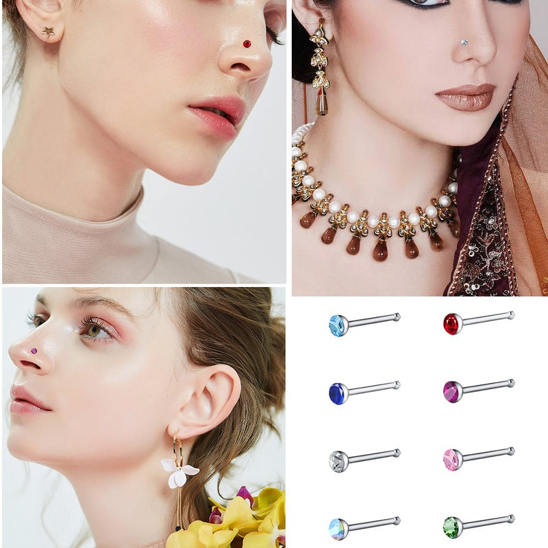 [Australia] - cnomg 2 Sets 120 pcs Stainless Steel Nose Ring Body Piercing Jewelry Nose Bone Stud Nose Hoop Crystal Hypoallergenic White+Multicolor 1.5 MM 