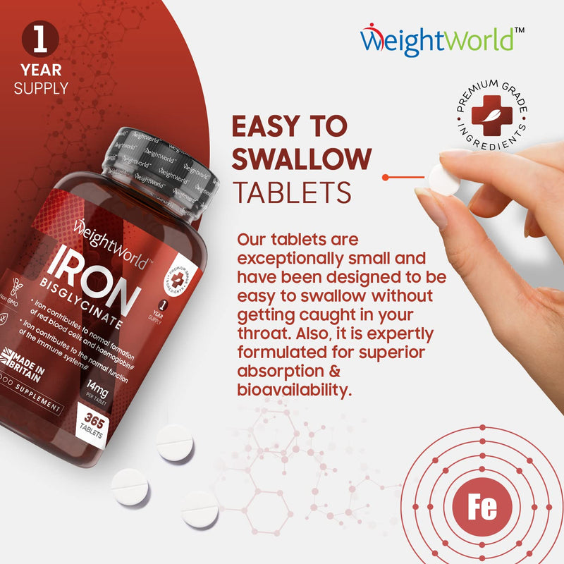 [Australia] - Gentle Iron Tablets High Strength 14mg - 365 Iron Bisglycinate Tablets (1 Year Supply) - Vegan Iron Supplements for Men & Women's Health - Easily Digestible, Gluten Free & Non-GMO - Made in The UK 