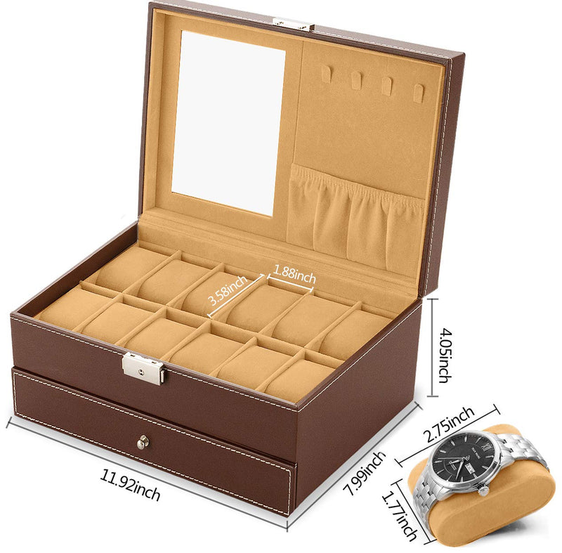 [Australia] - bestwishes Watch Box 12 Slots Watch Organizer Jewelry Display Case Organizer with Jewelry Drawer for Storage and Display Lockable 