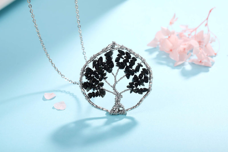 [Australia] - XIANNVXI 7 Chakra Tree of Life Wire Wrapped Pendant Necklace Healing Crystal Stone Necklaces Natural Reiki Quartz Gemstone Jewelry for Women Men Black-Obsidian 