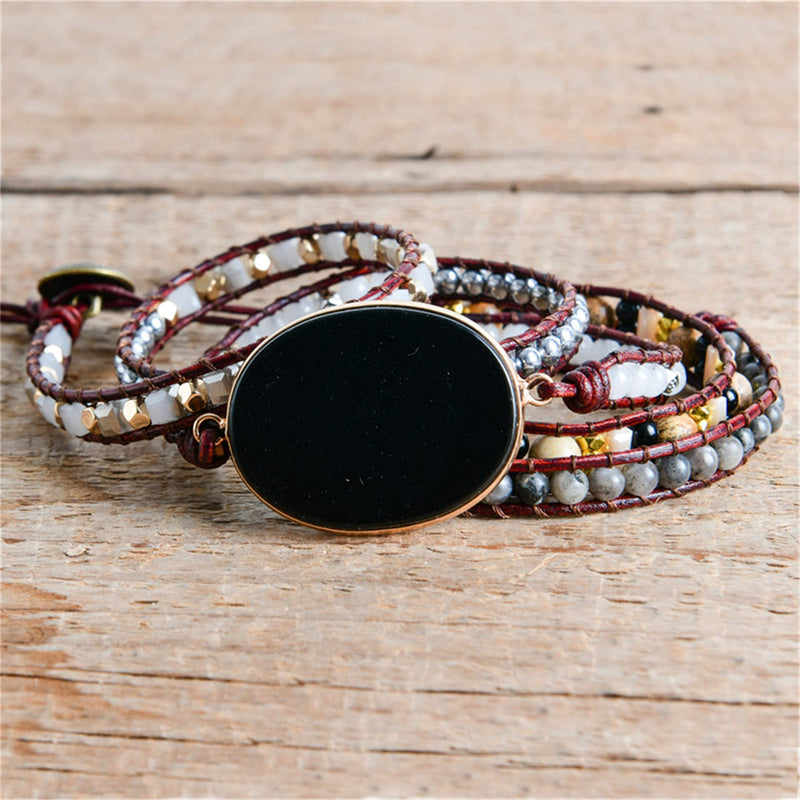 [Australia] - YGLINE Black Onyx Stone Bracelet,Raw Gemstone Healing Bracelet-Leather Wrap Chakra Protection Bracelet 