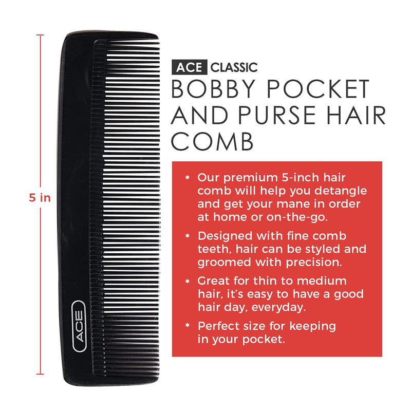 [Australia] - GOODY Ace Classic Bobby Pocket and Purse Hair Comb - 5 Inch, Black - Great for All Hair Types - Fine Comb Teeth for Thin to Medium Hair 
