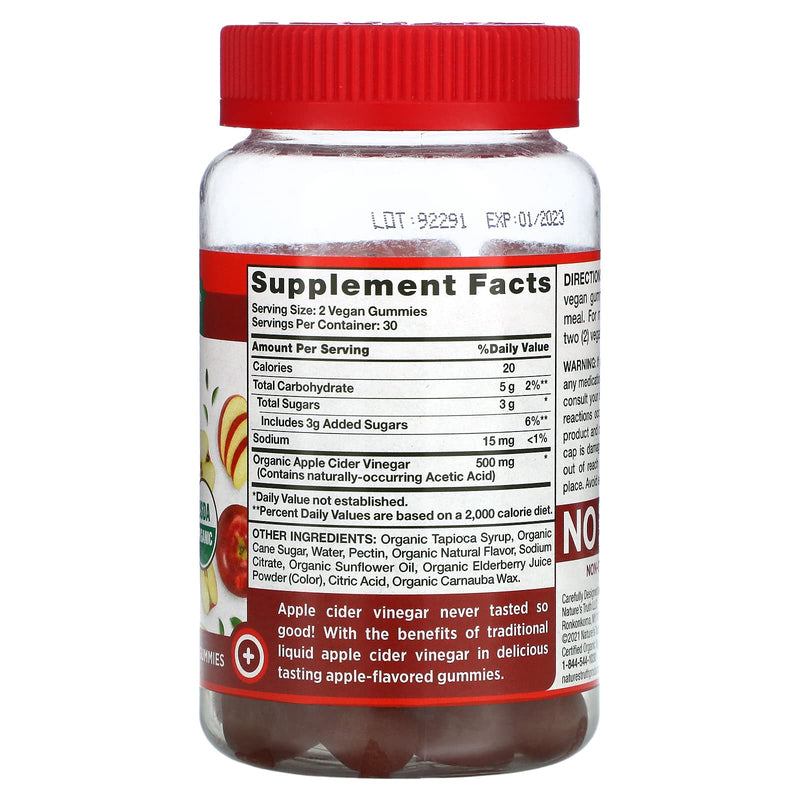 [Australia] - Organic Apple Cider Vinegar Gummies | 60 Count | Vegan, Gluten Free & Non-GMO | USDA Certified Organic | Apple Flavor | by Nature's Truth 
