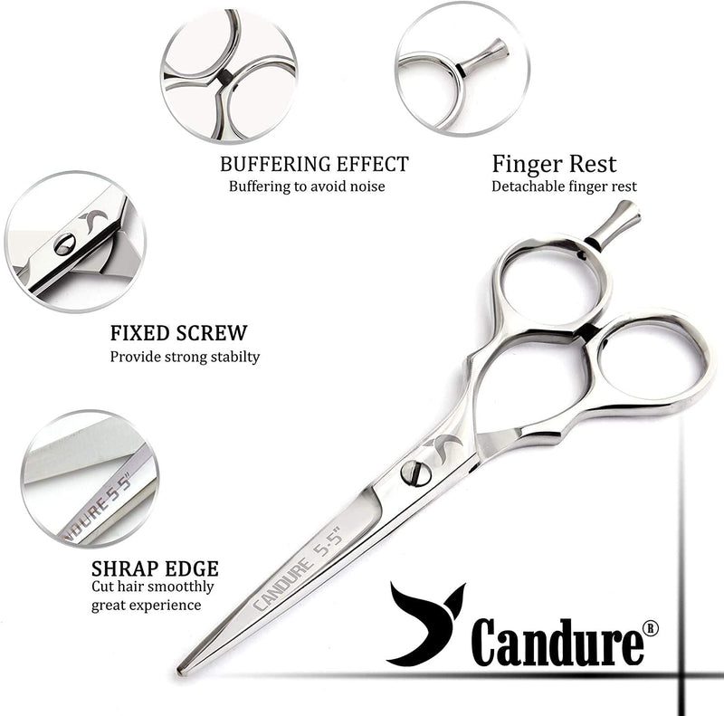 [Australia] - Candure Hairdressing Scissor Hairdresser thinning Scissor Set - 5.5 Inch Hair Cutting and Hair Scissor with Comb and Pouch - for Men, Women, Children and Professional Barbers 2 Count (Pack of 1) Silver 