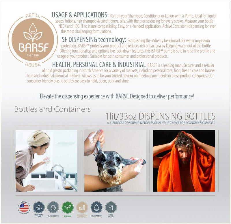 [Australia] - Bar5F Empty Shampoo Pump Bottles, 32Oz(1Liter), BPA-FREE, Plastic (PETE1) Cylinder, Pack of 3 