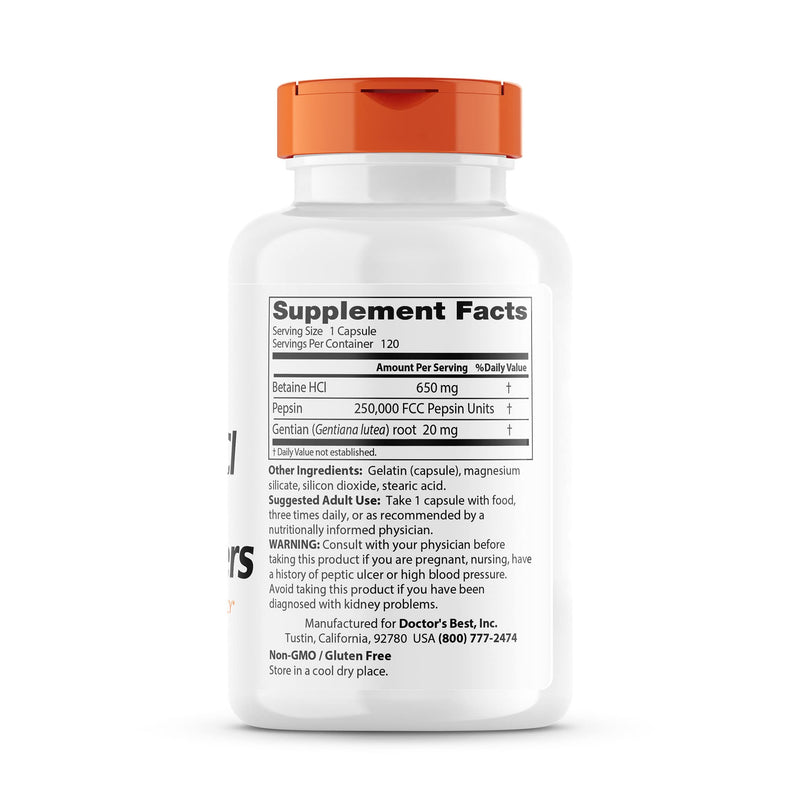 [Australia] - Doctor's Best Betaine HCI Pepsin & Gentian Bitters, Digestive Enzymes for Protein Breakdown & Absorption, Non-GMO, Gluten Free, 120 Caps, Original Version (DRB-00163) 