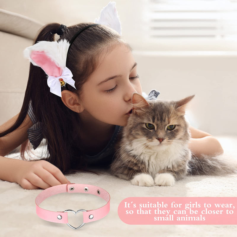 [Australia] - 3 Pieces Cat Ear Fox Hairband Set, Includes Cat Ear Headband, Heart Choker and Cat Tail with Bells, for Women Girls Halloween Cosplay Costume Anime Fancy Dress (White, Pink) White, Pink 