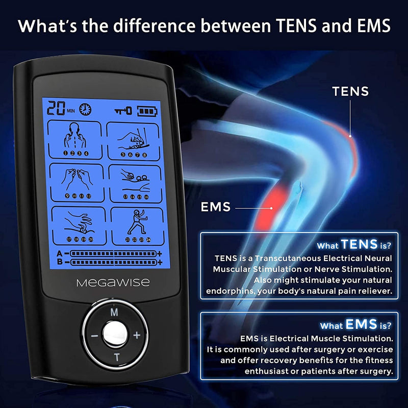 [Australia] - MegaWise 48 Modes（24 * 2） Dual Channel EMS TENS Unit Muscle Stimulator with 14Pcs Reusable Electrode Pads. Rechargeable Continuous Mode Electronic Pulse Massager with Storage Pouch/Pads Holder 