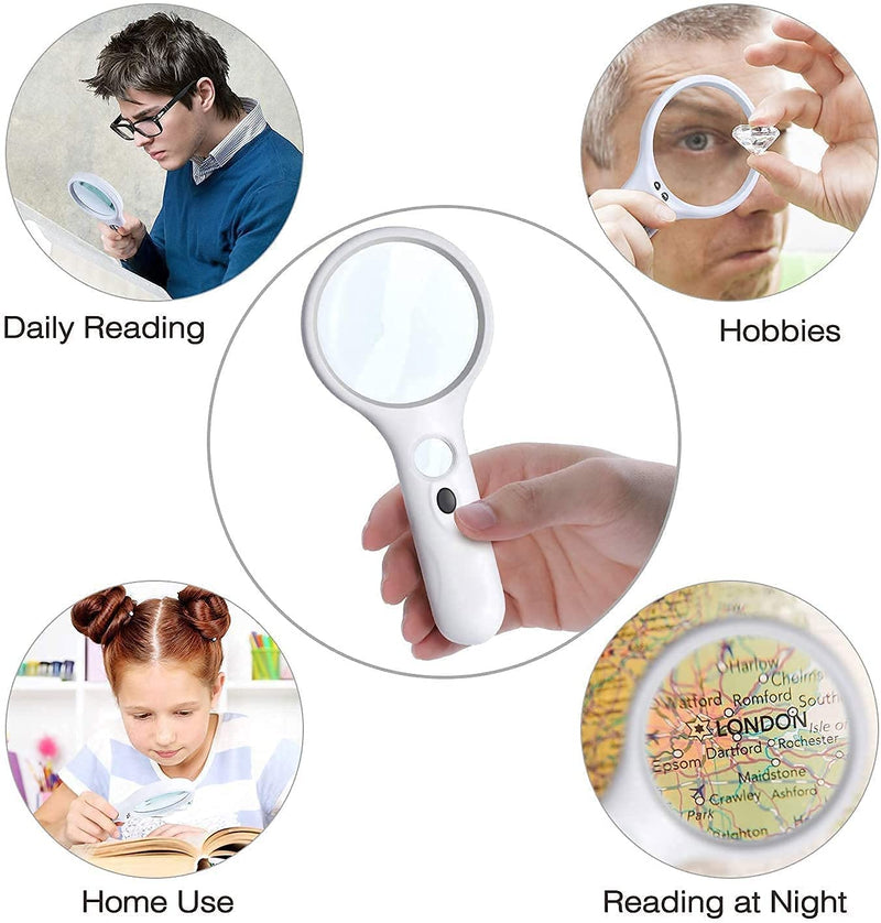 [Australia] - 3X 45X LED Lighted Magnifying Glass,Batteries Included,Illuminated Handheld Magnifier with Light,for Seniors Reading,Macular Degeneration,Newspaper, Antique, Exploring, Map, Stamp White 