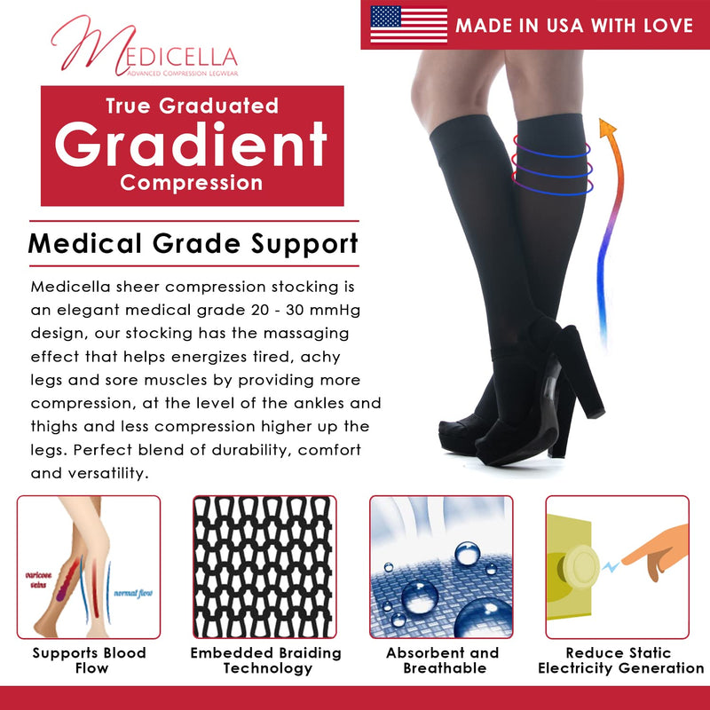 [Australia] - Medicella Premier Closed Toe Knee High Compression Socks for Women 20-30 mmHg Made in USA Medical Quality Sheer Firm Pressure Support Circulation & Travel (Large, Black) Large 