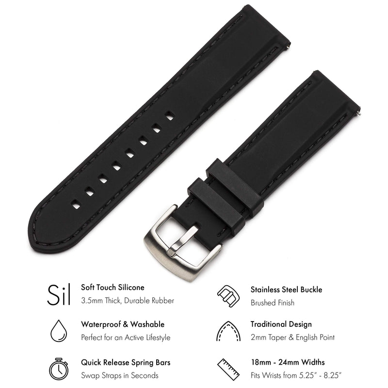 [Australia] - Benchmark Basics Quick Release Silicone Watch Band - Rubber Watch Straps for Men & Women - Choice of Color & Width - 18mm, 20mm, 22mm or 24mm Black / Black Stitching 