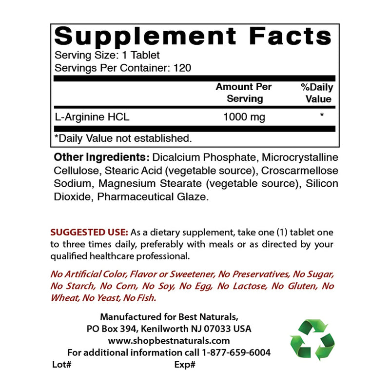 [Australia] - Best Naturals L-Arginine 1000 mg 120 Tablets - Pharmaceutical Grade L Arginine Supplement Promotes Nitric Oxide Synthesis 