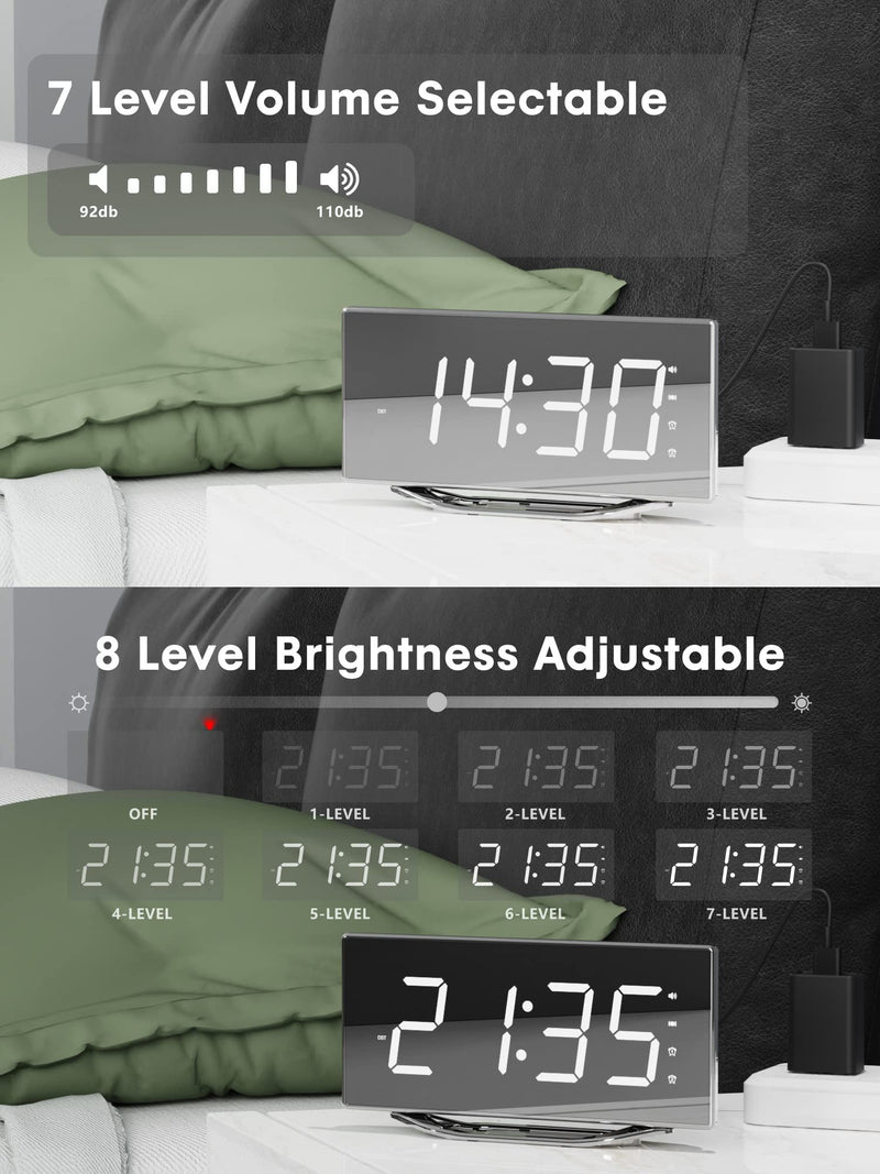 [Australia] - Extra Loud Vibrating Alarm Clock with Bed Shaker for Deep Sleepers Adult Hearing impaired Deaf, Dual Alarms Digital Clock for Bedroom,8.7'' Large Mirror LED Display,USB Charger,Battery Backup,Dimmable Silver Surface(with Bed Shaker) 