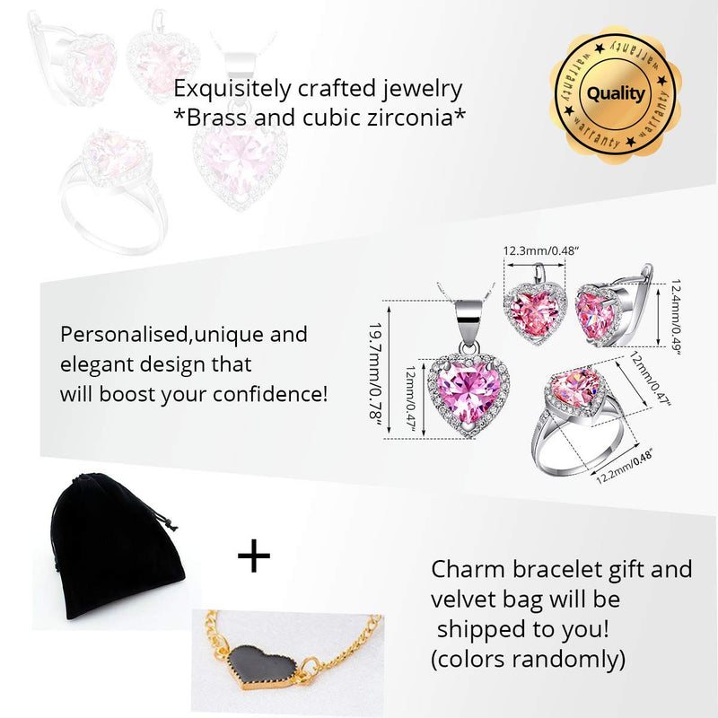 [Australia] - Uloveido Big Heart Shape Crystal Drop Pendant Necklace, Earrings and Rings Wedding Jewelry Set for Bridal Women Birthday Anniversary T481 Pink 6 