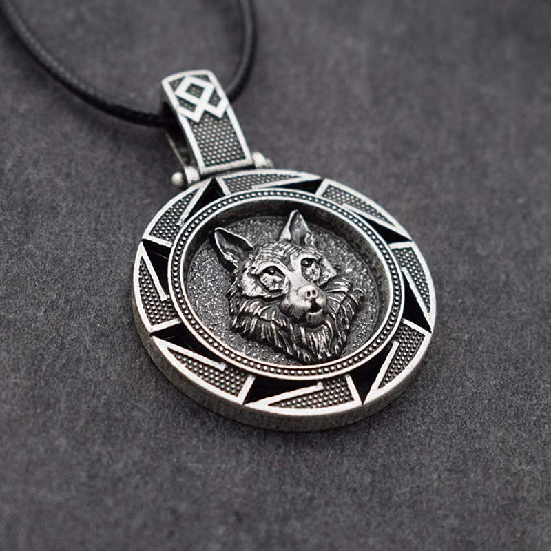 [Australia] - HAQUIL Wolf Necklace - Metal Alloy, Round Wolf Medallion Pendant - Leather Cord, 19.7" 4 