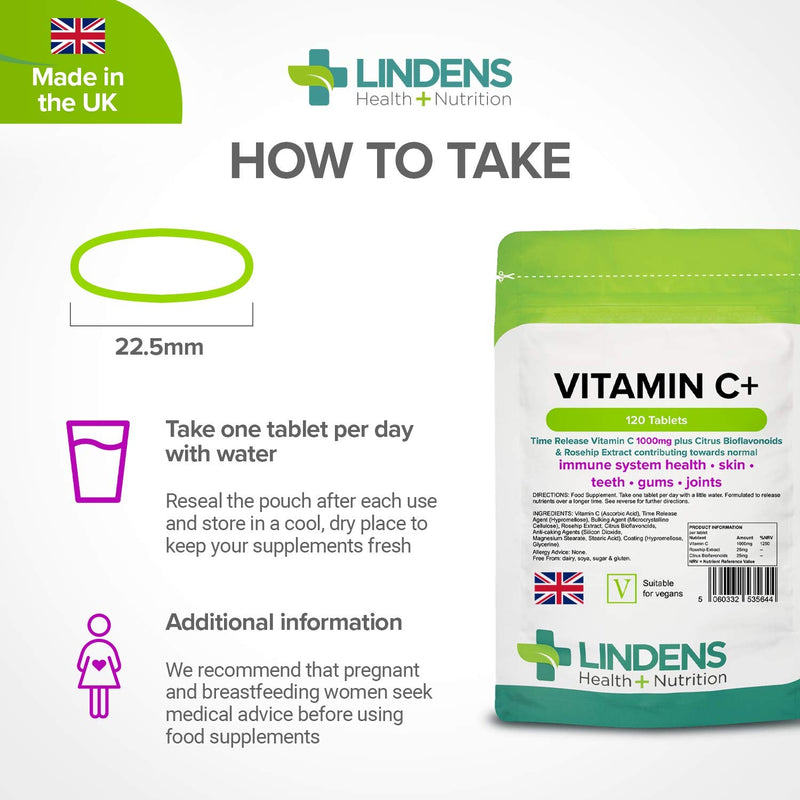 [Australia] - Lindens Vitamin C+ 1000mg - 120 Tablets - Time Release Tablets with Citrus Bioflavonoids and Rosehip - Contributes to Immune System Health, Reduces Tiredness and Supports Healthy Skin and Teeth 120 Count (Pack of 1) 