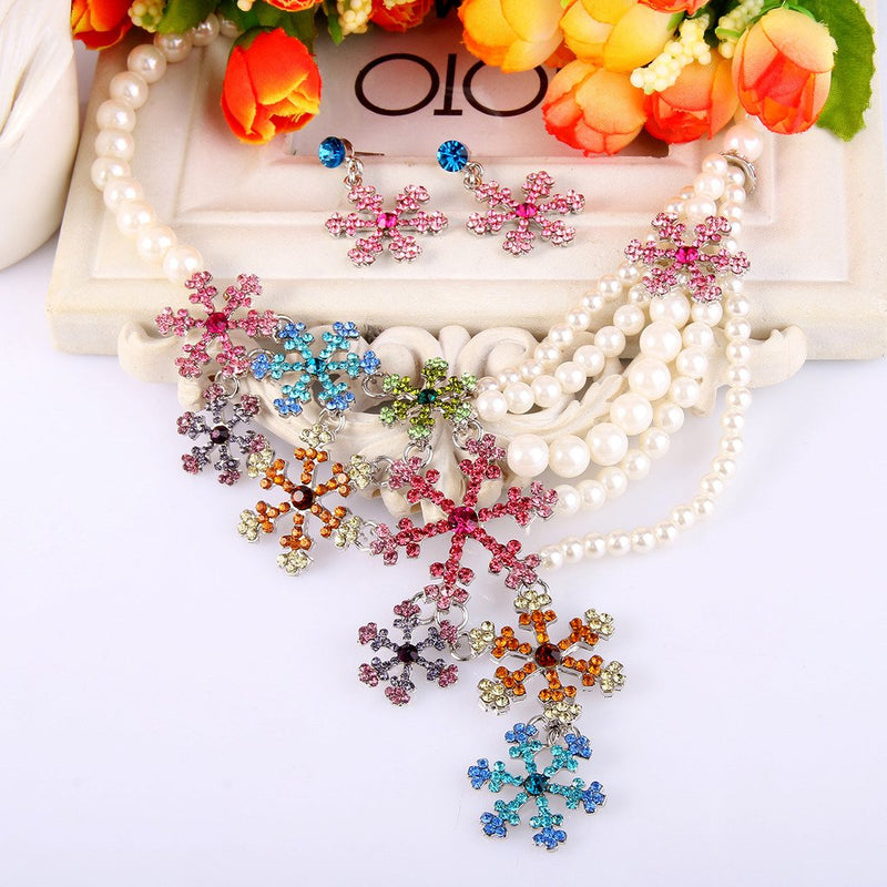 [Australia] - EVER FAITH Snowflake Simulated Pearl Austrian Crystal Necklace Earrings Set Multicolor Silver-Tone 