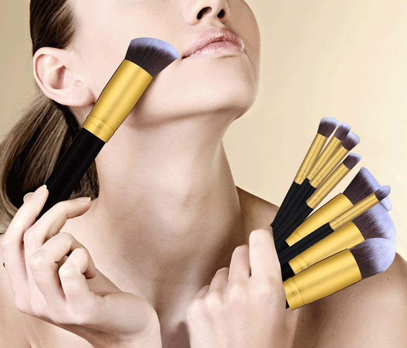 [Australia] - CYNOSURE Makeup Brushes Synthetic Cosmetics Foundation Blending Blush Eyeliner Face Powder Brush Makeup Brush Kit (10pcs, Golden Black) 