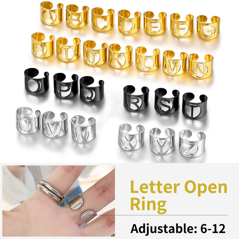 [Australia] - ChainsHouse A to Z Initial Letter Open Cuff Rings for Women Men Adjustable Statement Name Alphabet Ring Personalized Jewelry Gifts,15mm Wide, 3 Colors, Custom Available 01: stainless-steel 