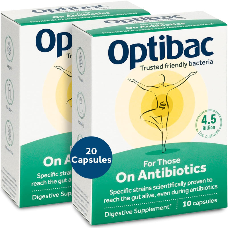[Australia] - Optibac Probiotics for Those on Antibiotics - Vegan Digestive Probiotic Supplement with 4.5 Billion Bacterial Cultures - 20 Capsules 10 Count (Pack of 2) 