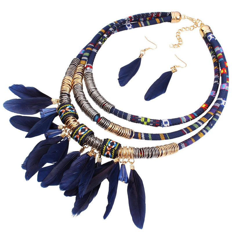 [Australia] - HENGYID African Style Necklace Multi-Layer Alloy Feather Fringed Necklace Earrings Set (Blue) BLUE 
