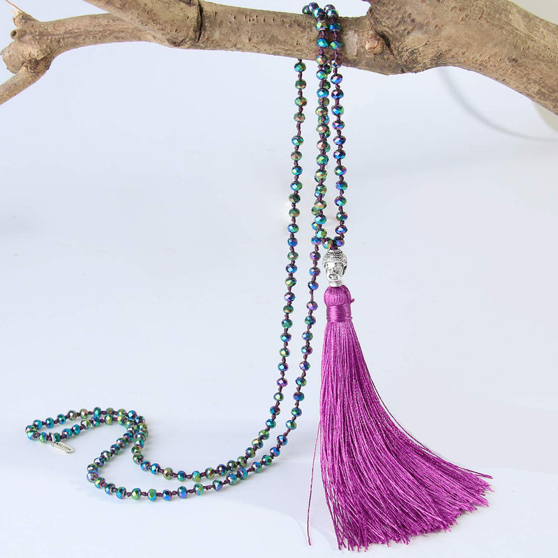 [Australia] - KELITCH Exclusive Crystal Beaded Necklace Luxury Silver Buddha Head Tassel Long Necklace Colorful J 