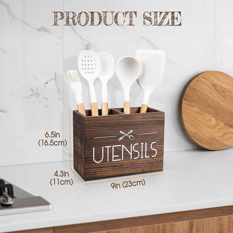 [Australia] - PUERSI Wooden Kitchen Utensil Holder, Utensil Organizer for Countertop, Rustic Wood for Farmhouse Kitchen Decor, Farmhouse Utensil Caddy with 2 Compartments (Brown) 