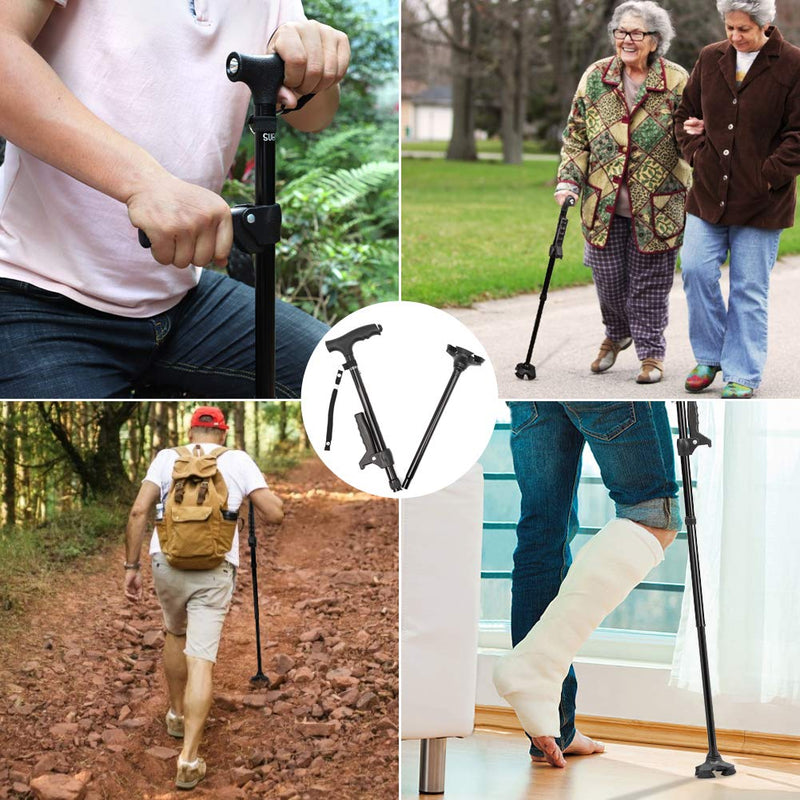 [Australia] - SUEH DESIGN Folding Walking Stick with LED Light for Men and Women, Height Adjustable, Collapsible Elderly Walking Cane with Side Handle 75 - 100 cm Large Base(Black) 